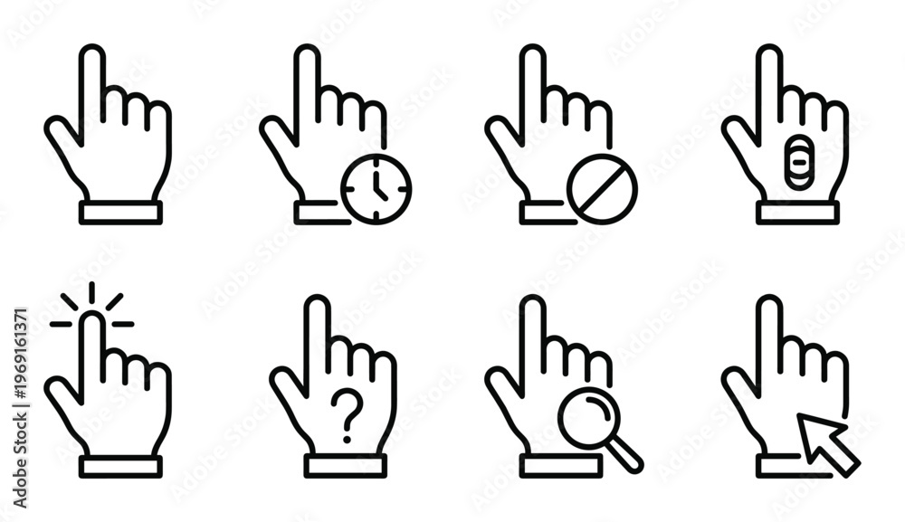 Obraz premium Set of eight different hand pointer cursors for computer interface outline style