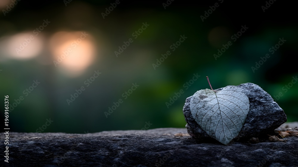 Obraz premium A single fallen leaf rests on a weathered stone in a tranquil, blurred natural setting, evoking a sense of peace and quiet contemplation