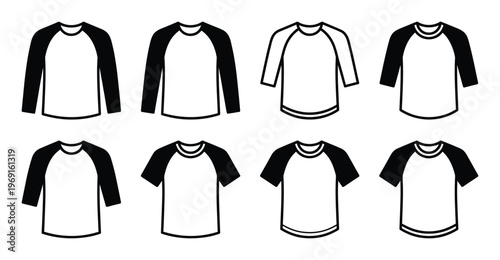 Set of eight baseball raglan shirt icons, showcasing various sleeve lengths and styles