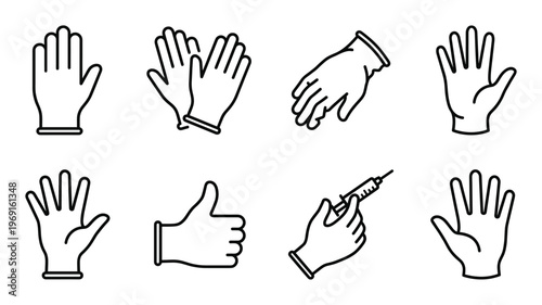 Set of eight different hand gestures including gloves and medical syringe outline style