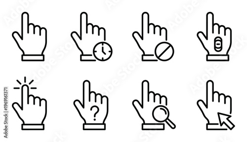 Set of eight different hand pointer cursors for computer interface outline style
