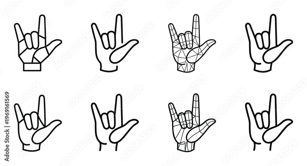 Fototapeta premium Set of eight rock and roll hand gestures in outline style with various fills
