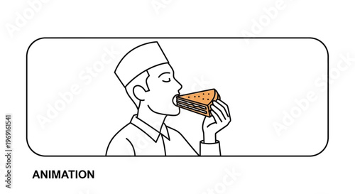 Clean line art of a person wearing a cultural cap mindfully enjoying a layered dessert or savory