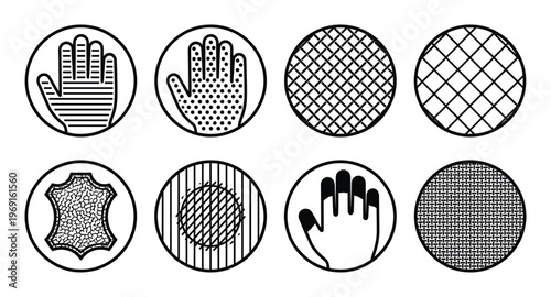 Set of eight round hand icons for different textures and surfaces flat line style