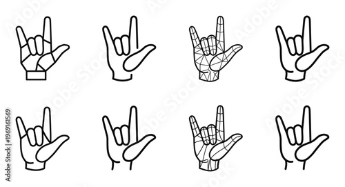 Set of eight rock and roll hand gestures in outline style with various fills