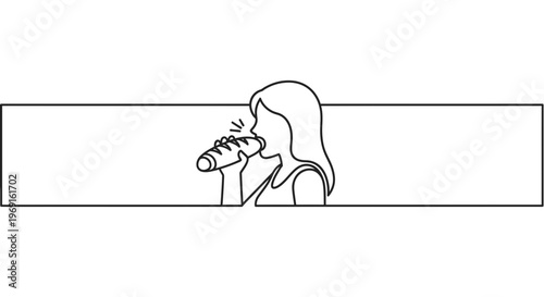 A minimalist black line art illustration of a woman enthusiastically eating a large baguette for a