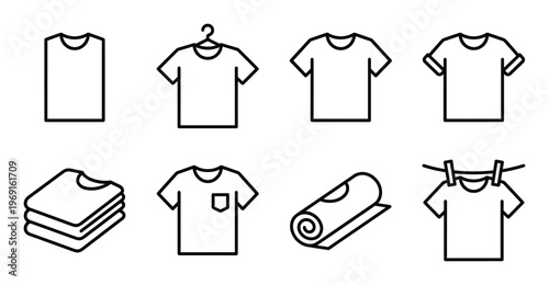 Set of eight t-shirt outline icons, showcasing various styles and situations for garment representation