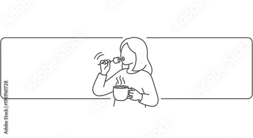 Minimalist illustration of a person enjoying a hot beverage and a sweet marshmallow treat in a