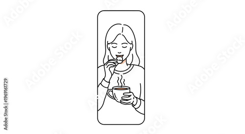 Serene woman enjoying a warm beverage and sweet treat in a minimalist illustration