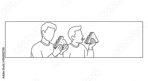 Clean line art illustrating two individuals enjoying triangular sandwiches during a quick meal