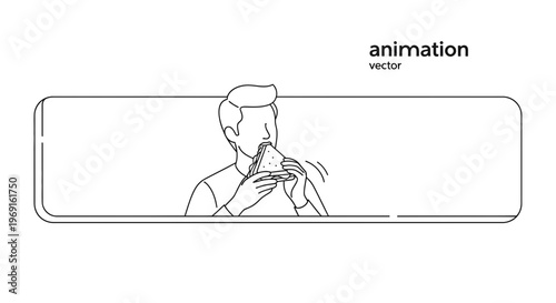 Minimalist line illustration of a man enjoying a delicious triangular sandwich snack