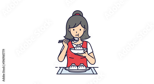 Delightful culinary experience: a woman enjoys traditional steamed dumplings with chopsticks