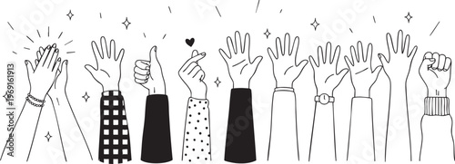 Minimalist Line Art Drawing of Varied Raised Hands Clapping Waving and Thumbs Up