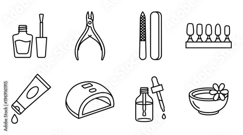 Set of manicure and pedicure tools outline icons for nail care and beauty procedures