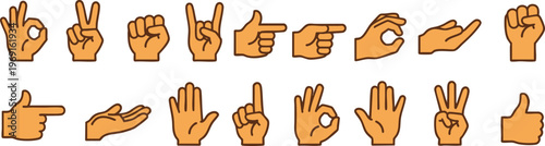 Collection of diverse hand gesture icons showing various finger signs and symbol