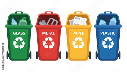 Four colorful recycling and waste disposal bins lined up in a row