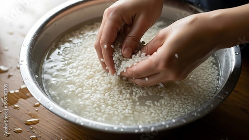 Delicate Hands Washing Rice Grains in a Stainless Steel Bowl with Water