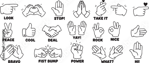 Common Hand Gestures and Sign Language Line Icons