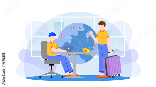 Business people planning their travel itinerary and booking flights using a laptop in front of a global map