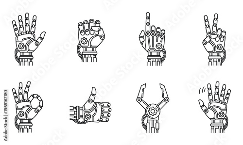 Set of robot hands showing various gestures with mechanical details and gears