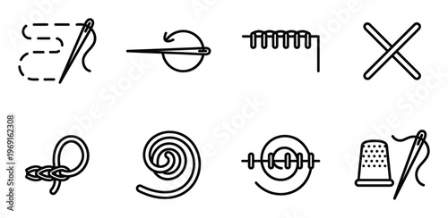 Set of sewing icons with needle and thread hand drawn style stitching and knitting symbols