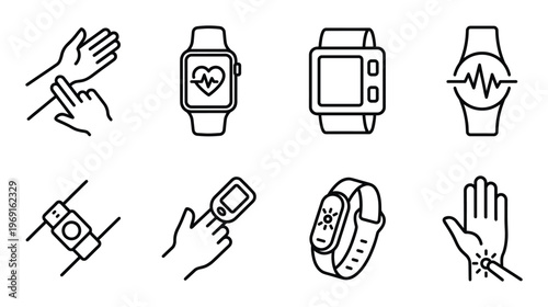 Set of smart watches and health monitoring devices outline icons for fitness tracking