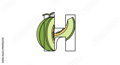 Stylized letter H design featuring vibrant green melon fruit and a refreshing slice with visible