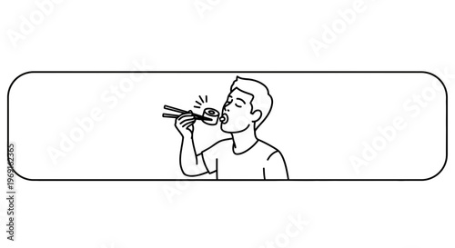 Simple monochrome vector drawing showing a person enjoying fresh sushi using traditional chopsticks