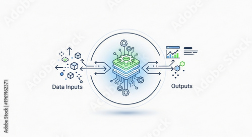 Data processing concept with inputs and outputs illustrating technology and information exchange