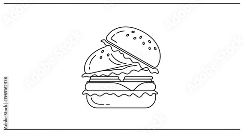 Artistic monochrome outline of a classic burger components ready for assembly