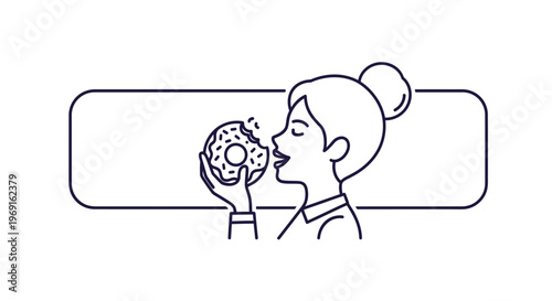 A charming line art depicting a woman enjoying a sweet, sprinkled donut moment with pure delight