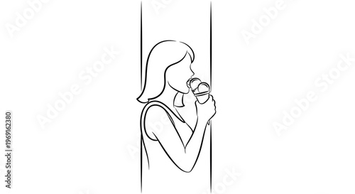 Minimalist line art illustration capturing a woman's serene moment enjoying a delightful ice cream