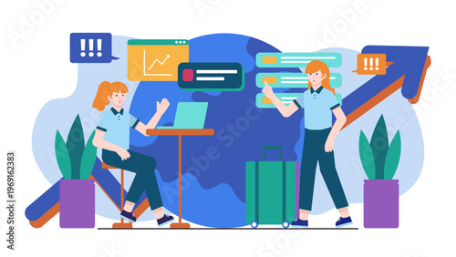 Businesswoman with luggage discussing international expansion and market growth