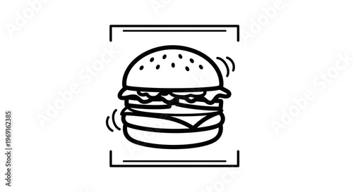 Black and white outline illustration of a delicious burger icon for fast food menu designs