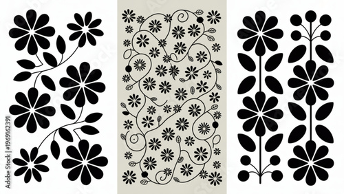Intricate black floral patterns on a white background with varying densities