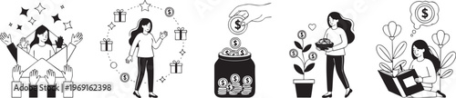 Finance Growth and Personal Savings Line Art Illustration Set