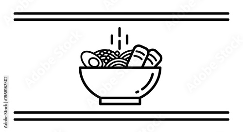Minimalist black line art illustration of a steaming noodle bowl with various delicious toppings