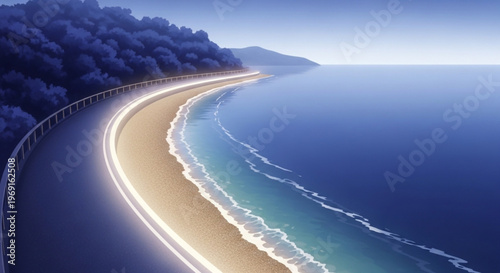 Serene coastal road with illuminated guardrail winds along sandy beach at dusk with lush greenery and calm ocean waves