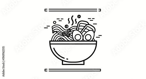 Minimalist line art illustration of steaming ramen bowl with delicious ingredients for web and app