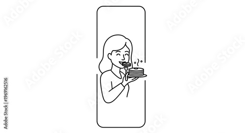 Smiling woman enjoying a delicious stack of warm pancakes for breakfast illustration