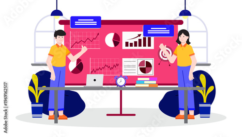 Business team analyzing data and planning annual strategy on presentation board in modern office