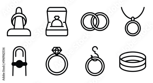 Set of wedding and engagement rings outline icons showing jewelry accessories