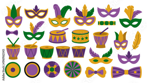 Colorful assortment of festive party masks and decorative accessories