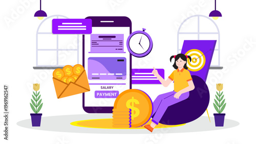 Digital payroll management and salary payment concept via mobile banking application and online transaction