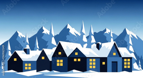 Snowy village homes with yellow windows in front of majestic snowy mountains under a clear blue sky