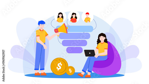 Business team analyzing sales funnel stages with megaphone and coins