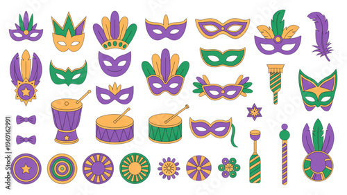 Colorful assortment of festive party masks and decorative items