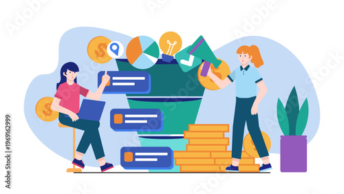 Team of professionals reviewing sales funnel with charts and money