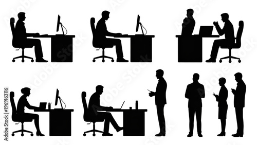 Various silhouettes of people working and collaborating at desks