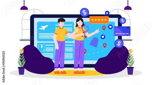 Illustration showing the step-by-step customer journey from discovery to purchase on a digital interface
